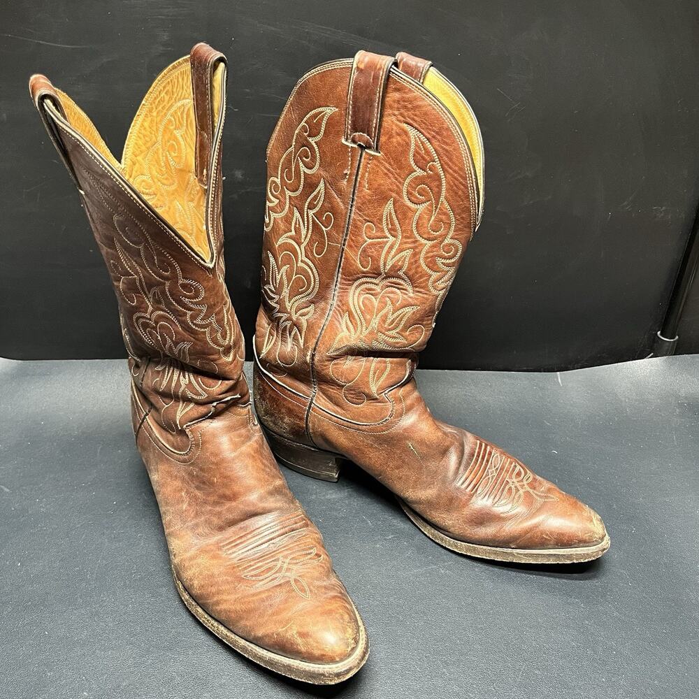 Vtg Justin Boots Cowboy Embroidered Boots Men’s Size 12 A, Style 2555 Brown